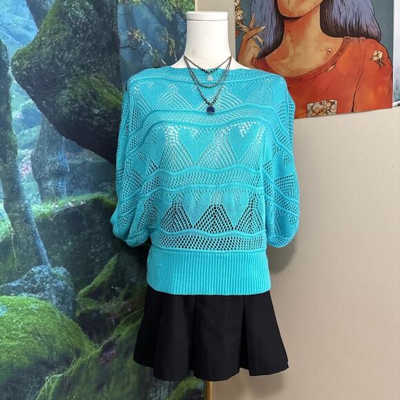 turquoise open knit batwing sweater jon & anna sheer button sleeve pullover - Picture 1 of 7